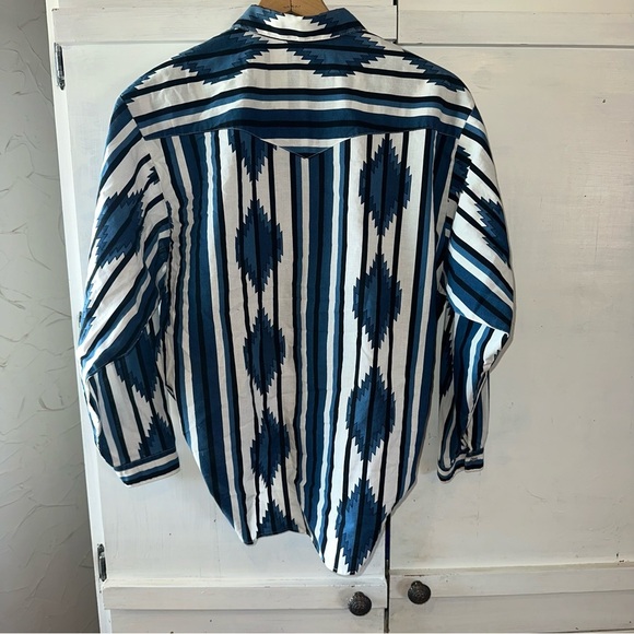 Vintage Panhandle Slim Blue and White Striped Aztec Button Up Down Shirt - Picture 4 of 8